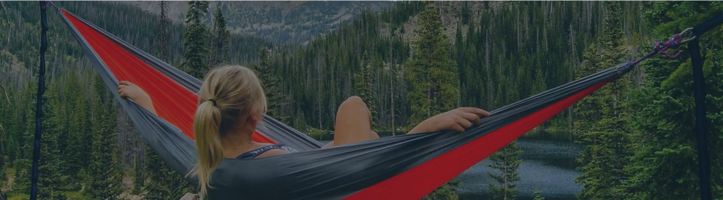 A person sitting in a hammock outside in a mountain forest.